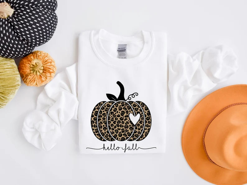 Hello Fall Sweatshirt, Leopard Pumpkin Shirt, Cheetah Pumpkin Shirt,Thanksgiving, Thankful Shirt,Fall Shirt, Hello Pumpkin,Family Matching Womenswear Crewneck Comfortable