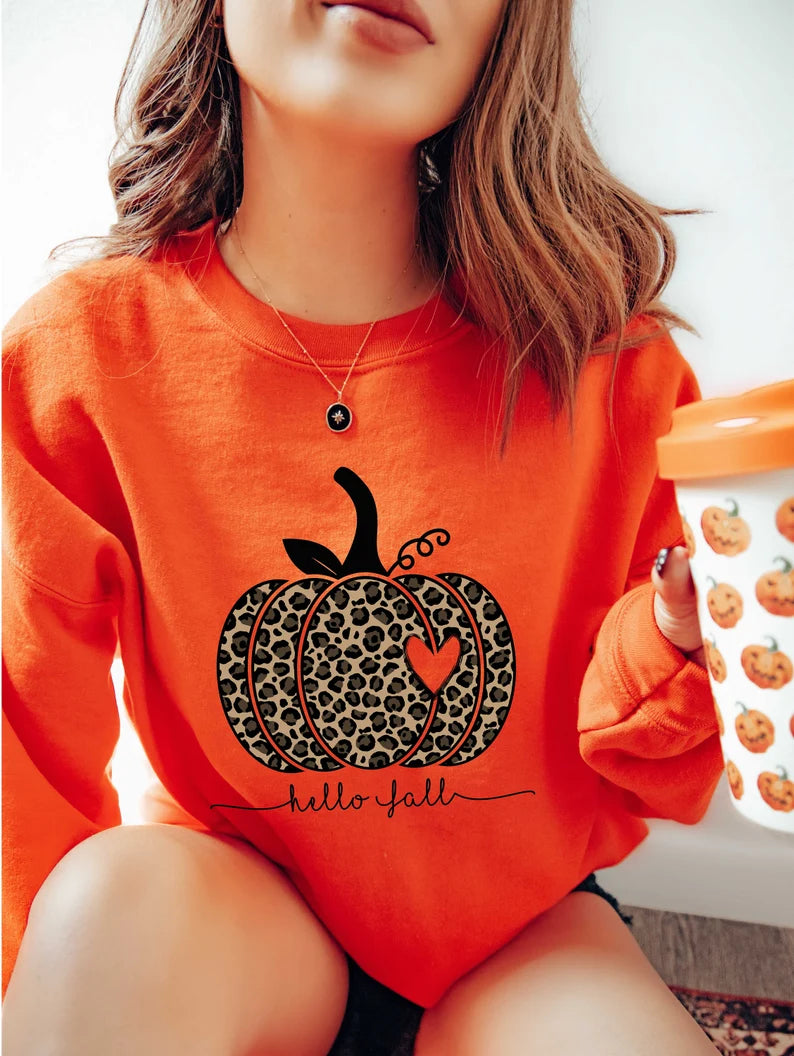 Hello Fall Sweatshirt, Leopard Pumpkin Shirt, Cheetah Pumpkin Shirt,Thanksgiving, Thankful Shirt,Fall Shirt, Hello Pumpkin,Family Matching Womenswear Crewneck Comfortable