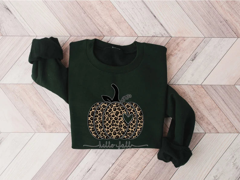 Hello Fall Sweatshirt, Leopard Pumpkin Shirt, Cheetah Pumpkin Shirt,Thanksgiving, Thankful Shirt,Fall Shirt, Hello Pumpkin,Family Matching Womenswear Crewneck Comfortable