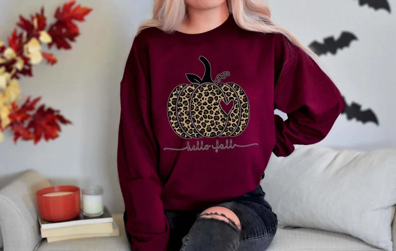 Hello Fall Sweatshirt, Leopard Pumpkin Shirt, Cheetah Pumpkin Shirt,Thanksgiving, Thankful Shirt,Fall Shirt, Hello Pumpkin,Family Matching Womenswear Crewneck Comfortable